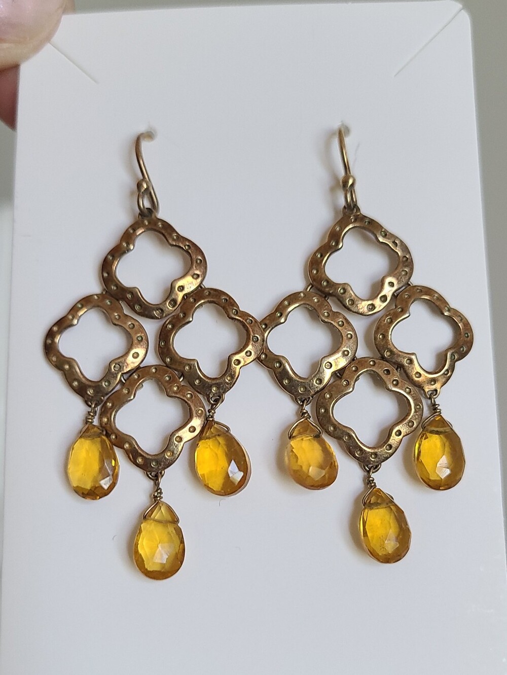Gold Tone Vintage Style Clover Chandelier Yellow Crystal Drop Dangle Earrings